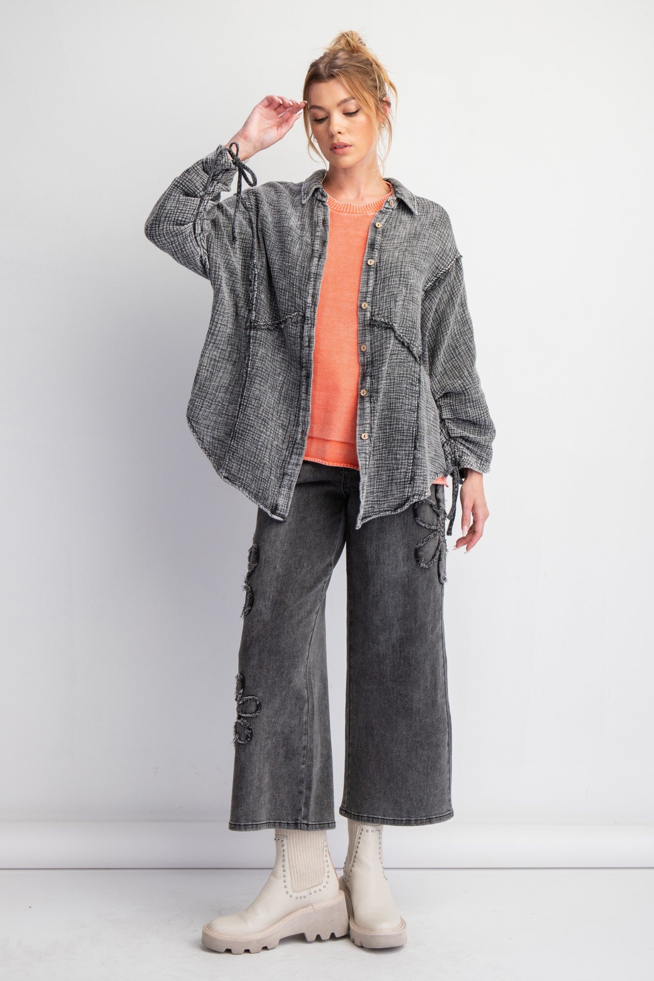 Smoke Button Down Washed Cotton EASEL Shirt - Posh West Boutique
