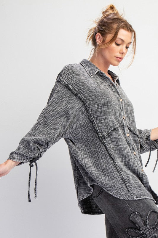 Smoke Button Down Washed Cotton EASEL Shirt - Posh West Boutique