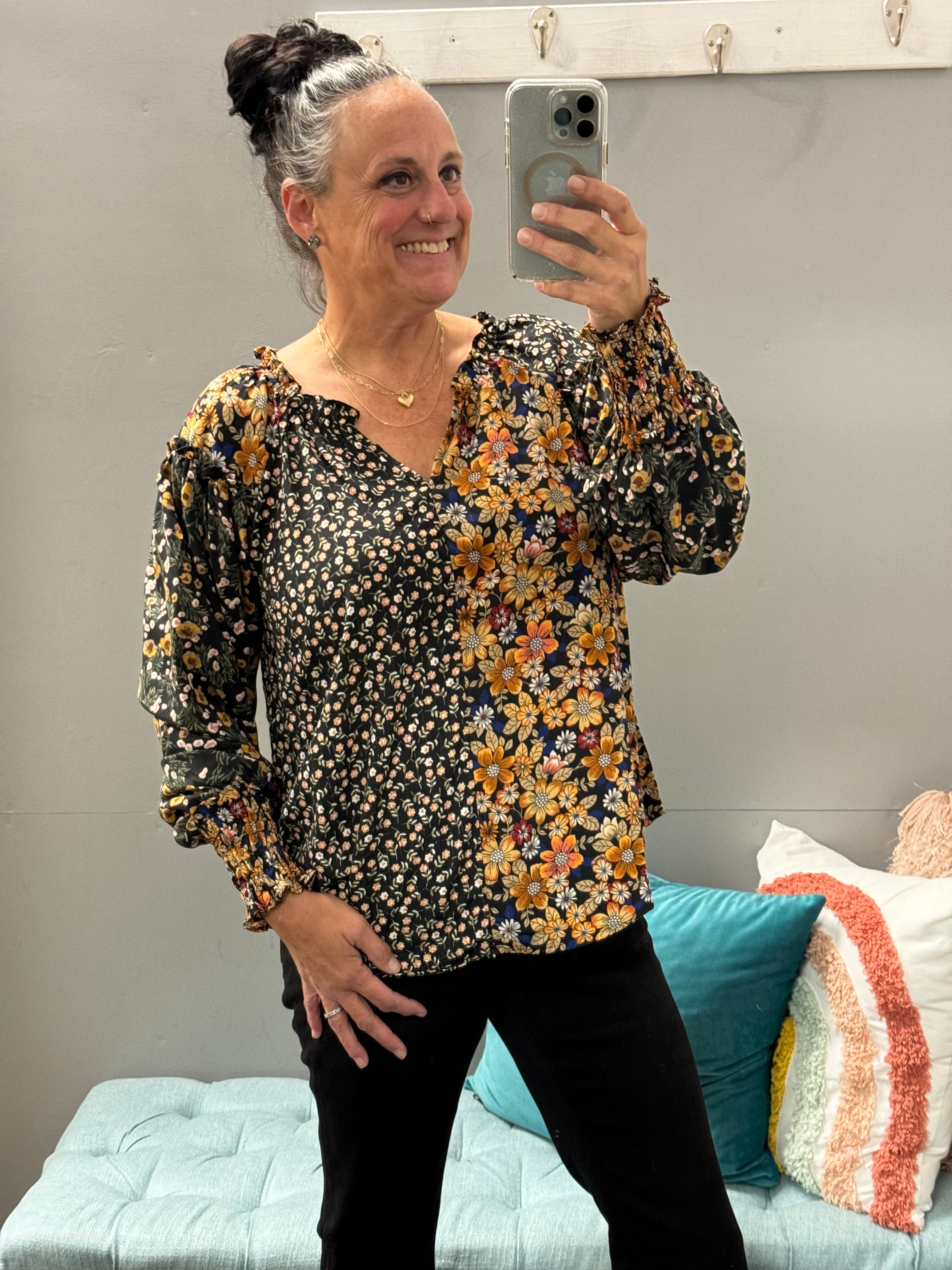 Black Mixed Floral Print Top