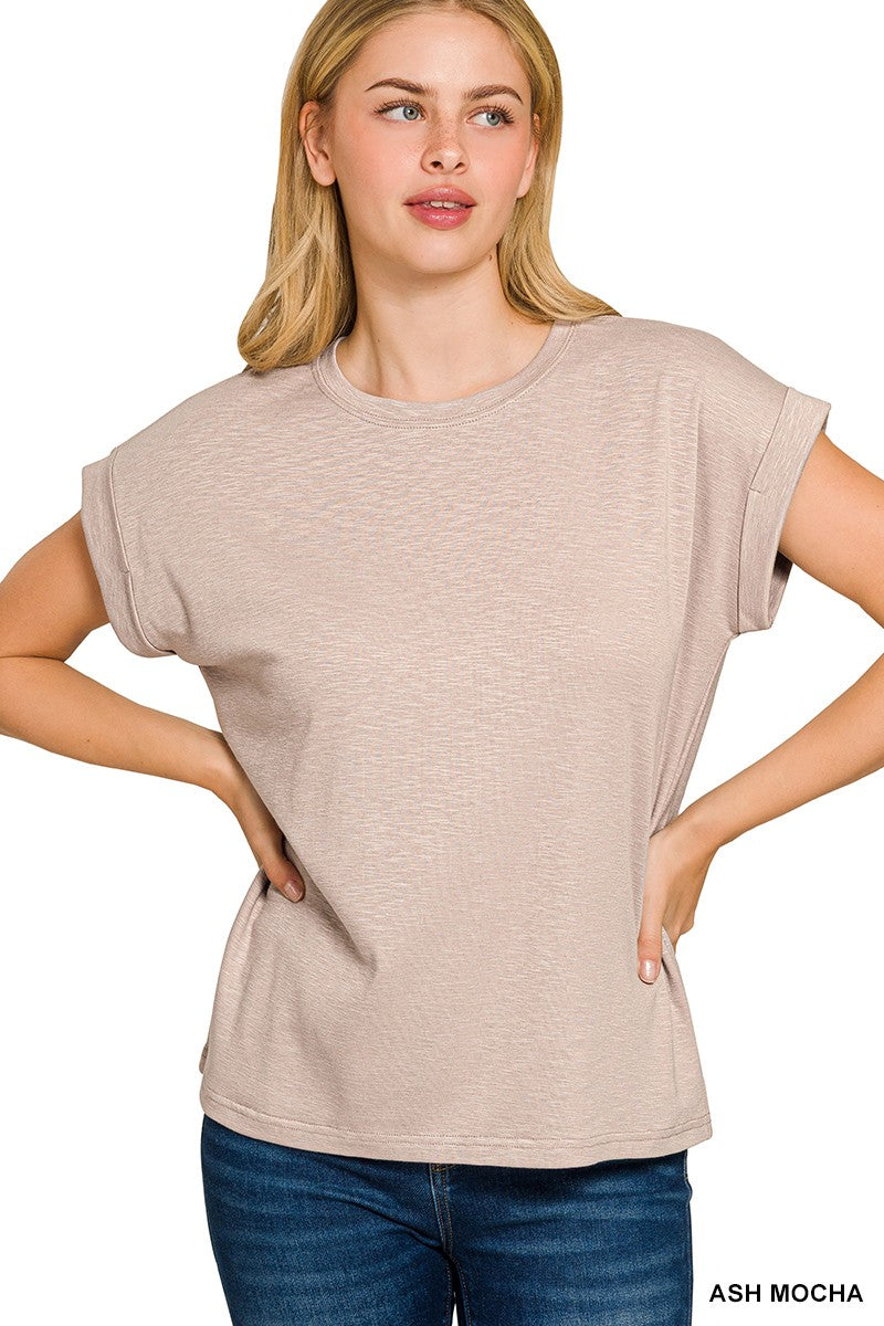 Ash Mocha Cotton Modal Slub Rolled Sleeve Tee - Posh West Boutique