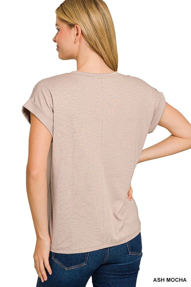 Ash Mocha Cotton Modal Slub Rolled Sleeve Tee - Posh West Boutique