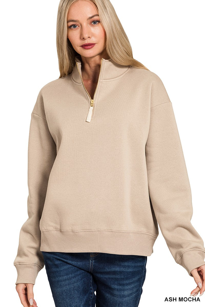 Ash Mocha Fleece Half Zip Sweatshirt - Posh West Boutique