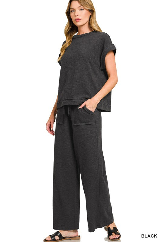 Black Cotton Slub Short Sleeve Tee & Long Pants Set - Posh West Boutique
