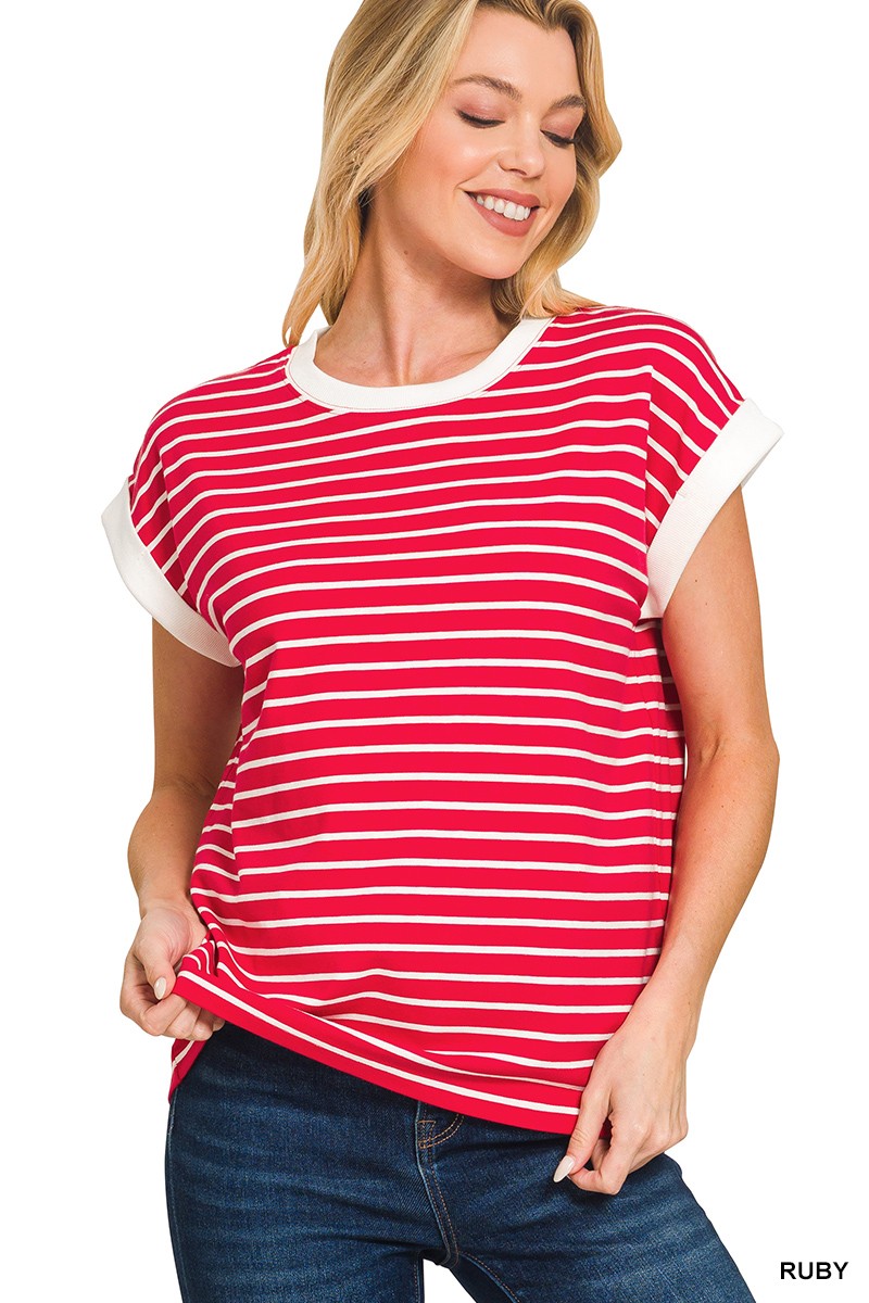 Ruby Contrast Trim Cap Sleeve Stripe Tee - Posh West Boutique