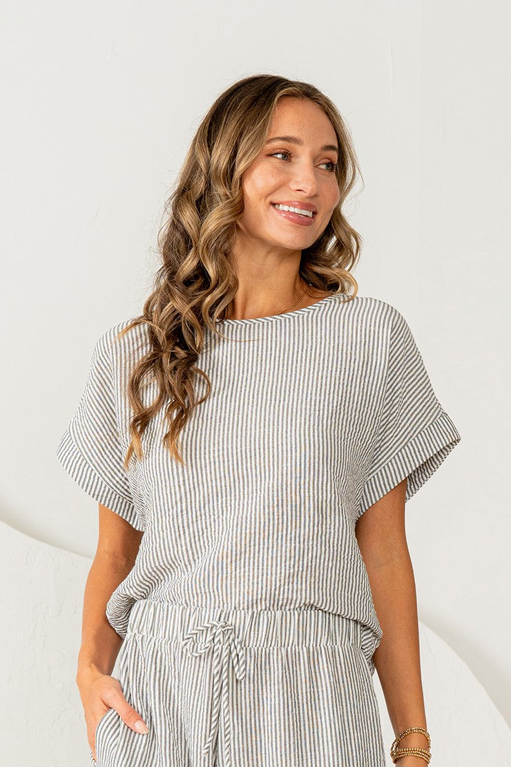 Grey/White Relaxed Fit Short Sleeves Striped Top - Posh West Boutique