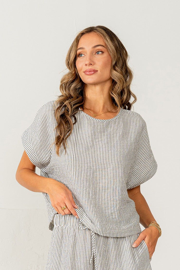 Grey/White Relaxed Fit Short Sleeves Striped Top - Posh West Boutique