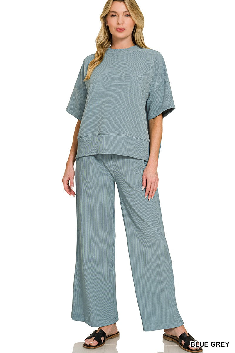 Blue Grey Ribbed Round Neck Tee & Pants Set - Posh West Boutique