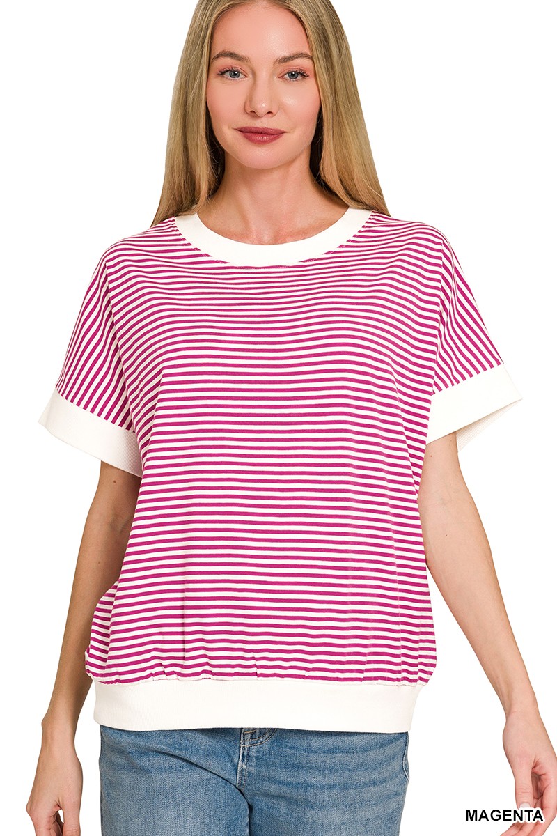 Magenta Stripe Contrast Trim Rib Banded Top - Posh West Boutique