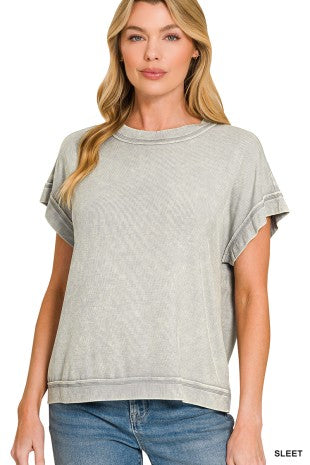 Lt Grey Ribbed Acid Washed Top - Posh West Boutique