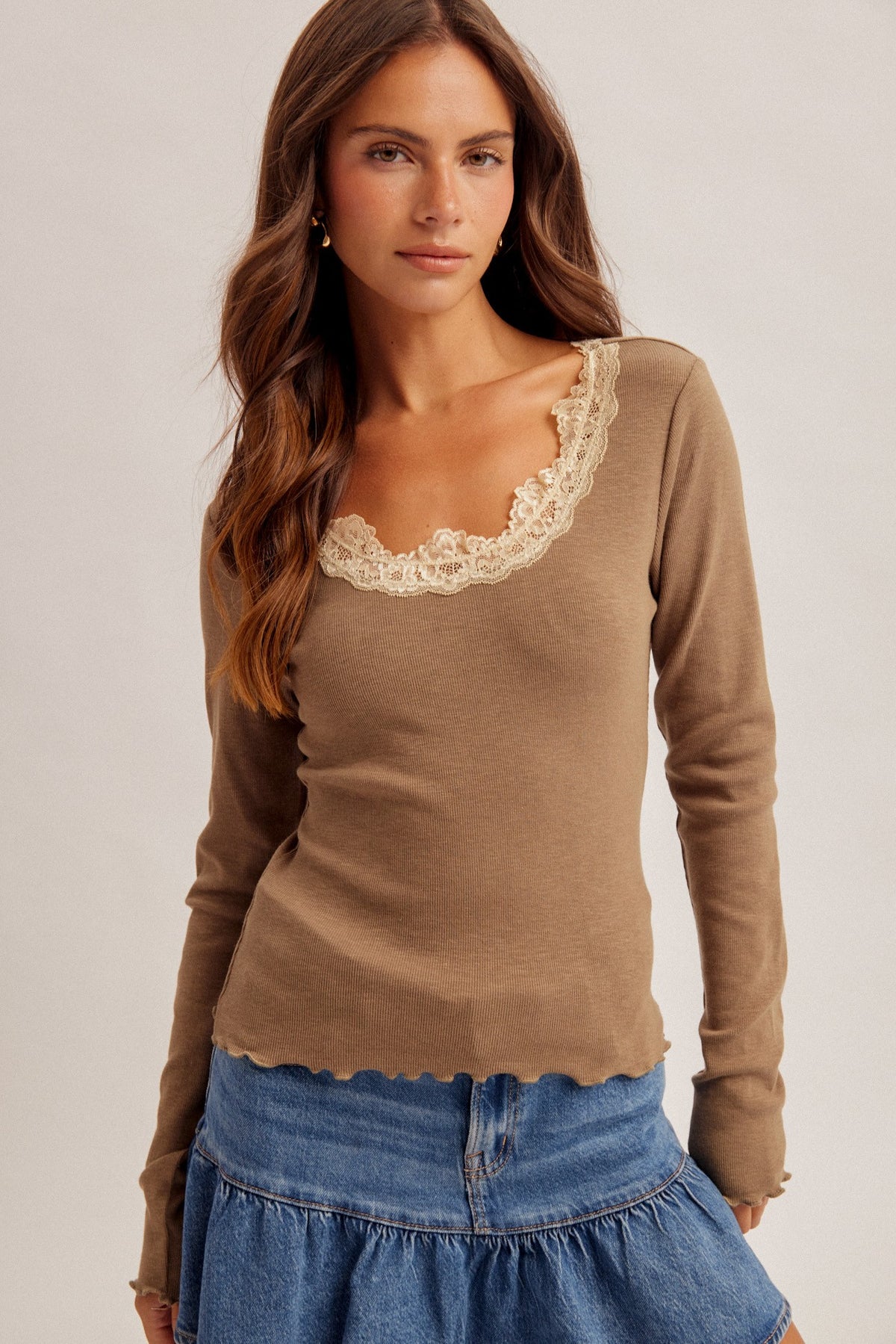 Dusty Olive Lace Detail Neckline Long Sleeve Rib Top