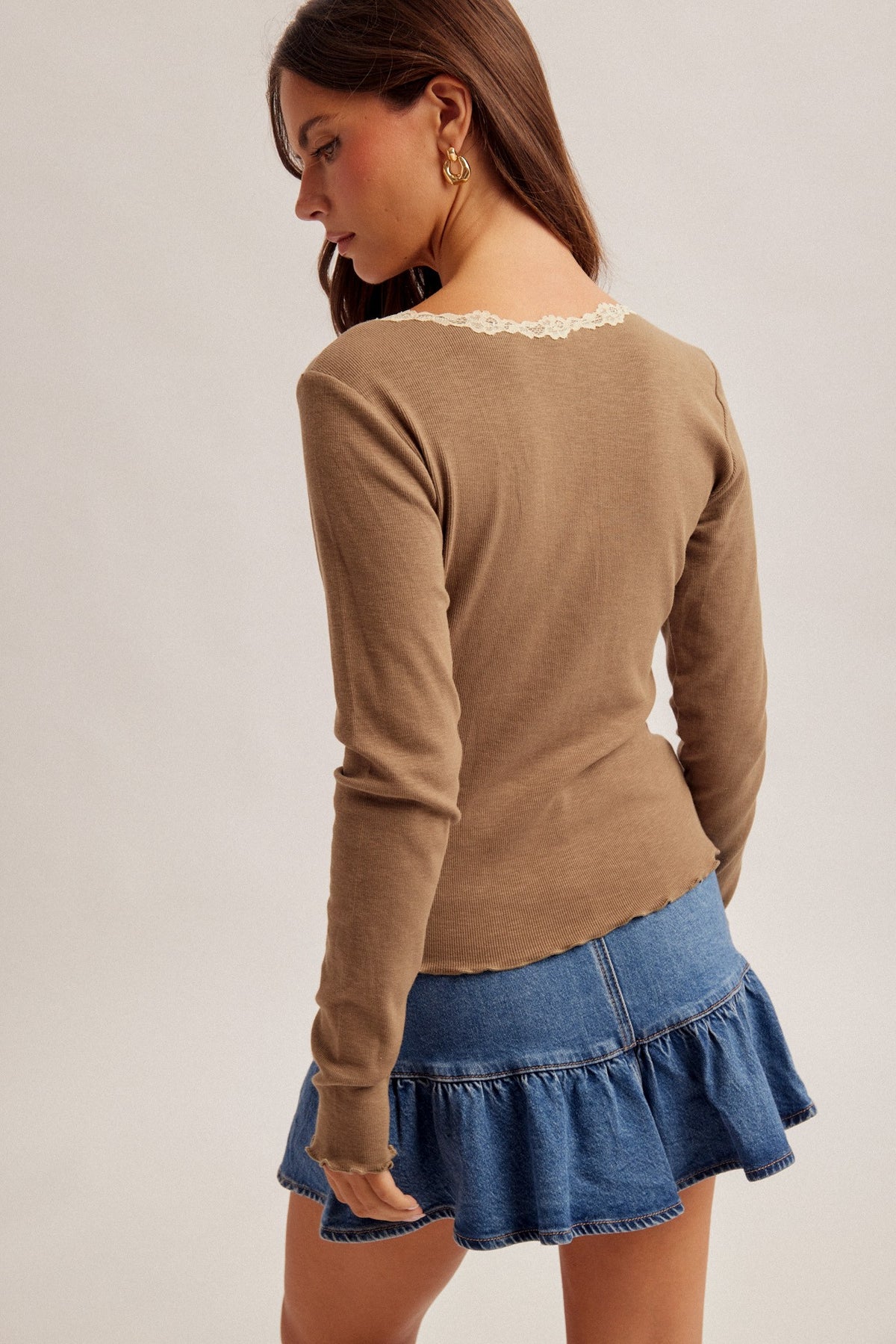 Dusty Olive Lace Detail Neckline Long Sleeve Rib Top