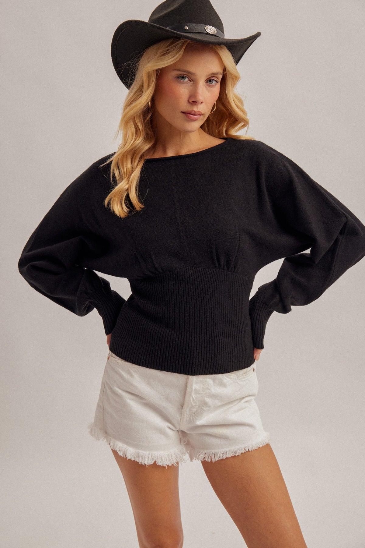 Black Boat Neck Dolman Sleeve Ribbed Knit Bodice Sweater