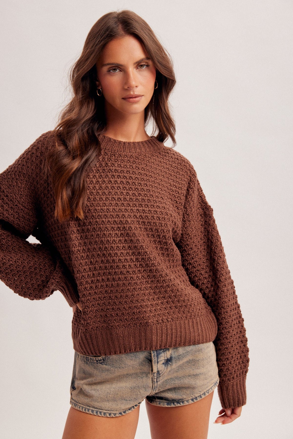 Brown Satin Ribbon Tie Back Crew Neck Loose Fit Sweater