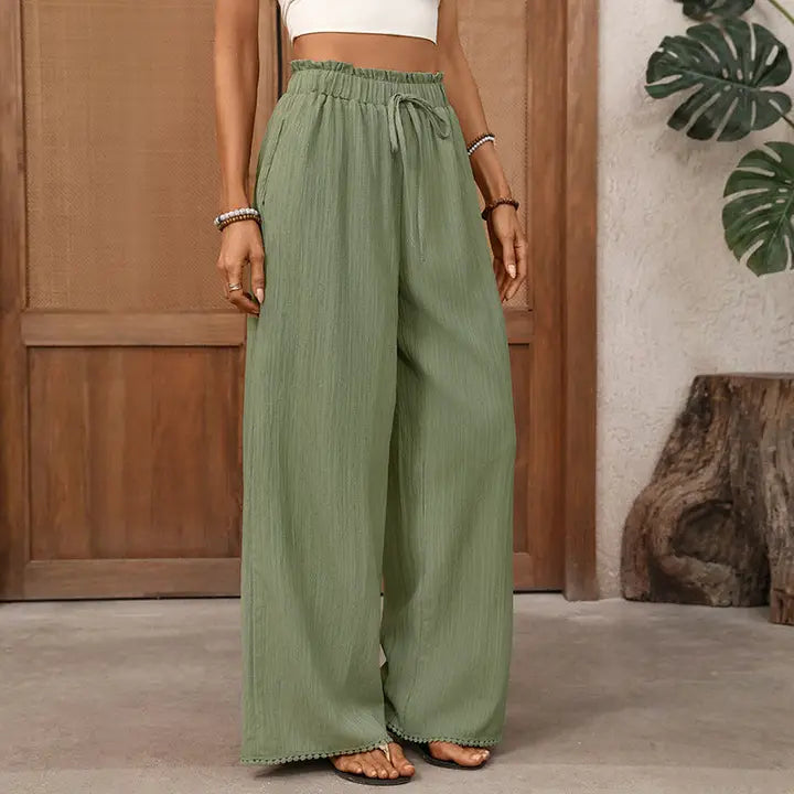 Green Wide Leg High Waist Drawstring Pants