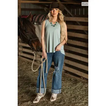 Mint Ribbed Tank Top w/ Raw Edge Detail - Posh West Boutique