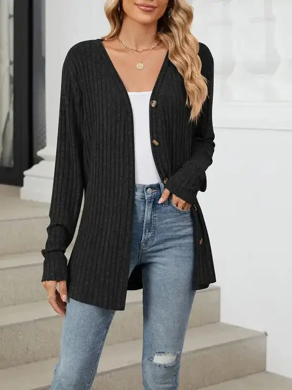 Black Long Sleeve Button Cardigan Knitted - Posh West Boutique