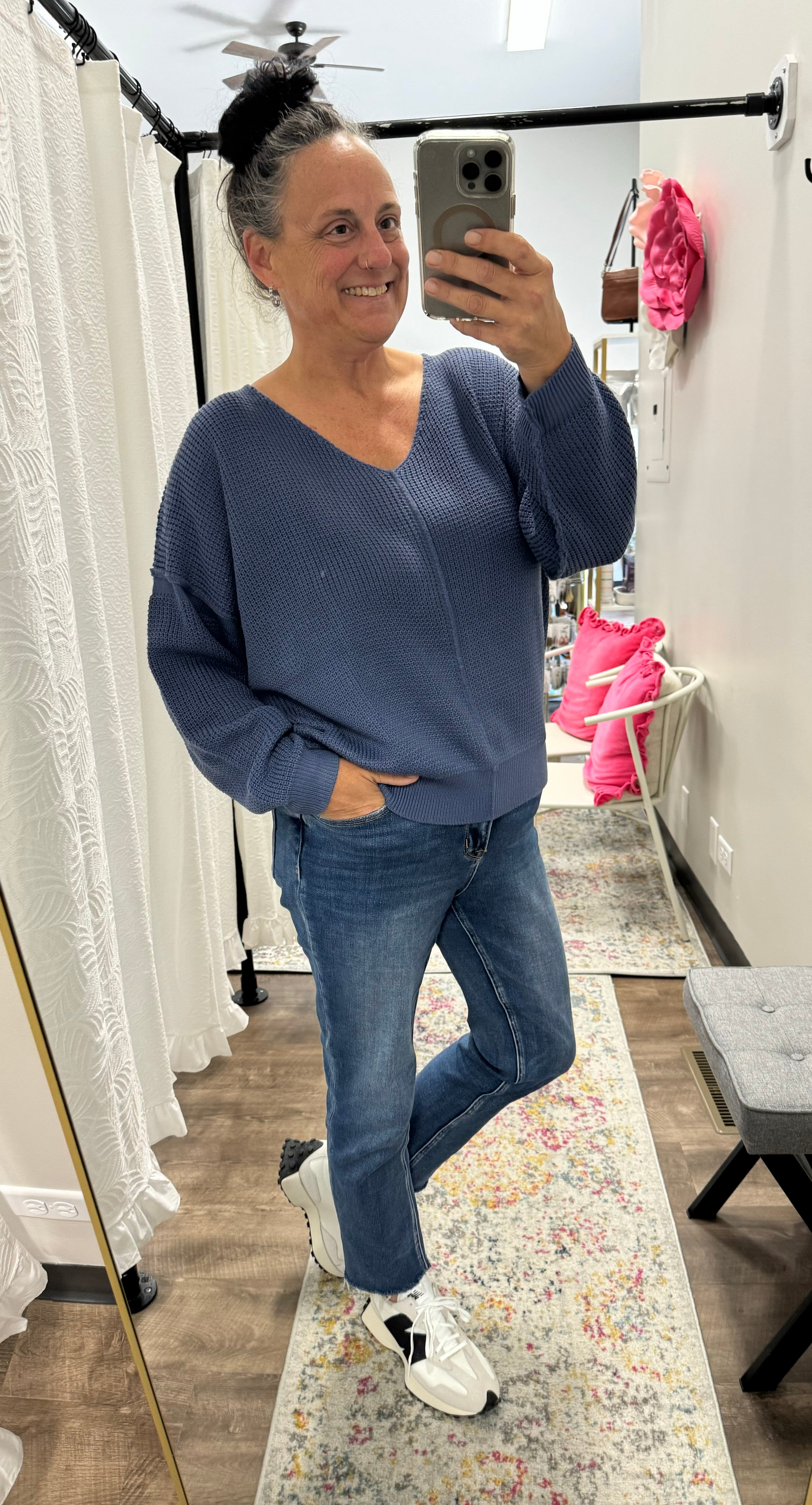 Azurite V-Neck Loose Fit Oversized Textured Sweater - Posh West Boutique