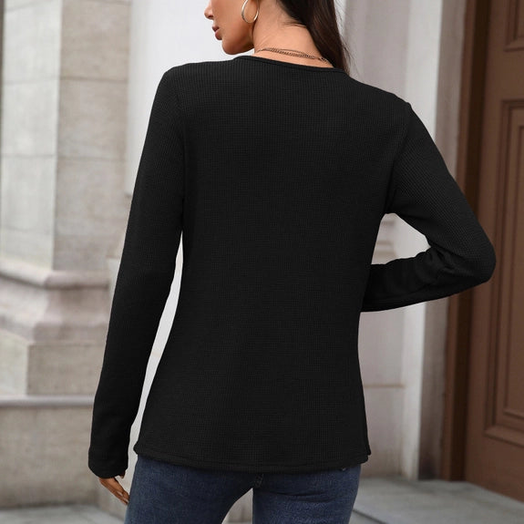Black Button Neck Pullover Long Sleeve Top - Posh West Boutique