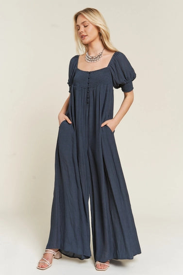 Navy Smocked Wide Leg Jumpsuit - Posh West Boutique