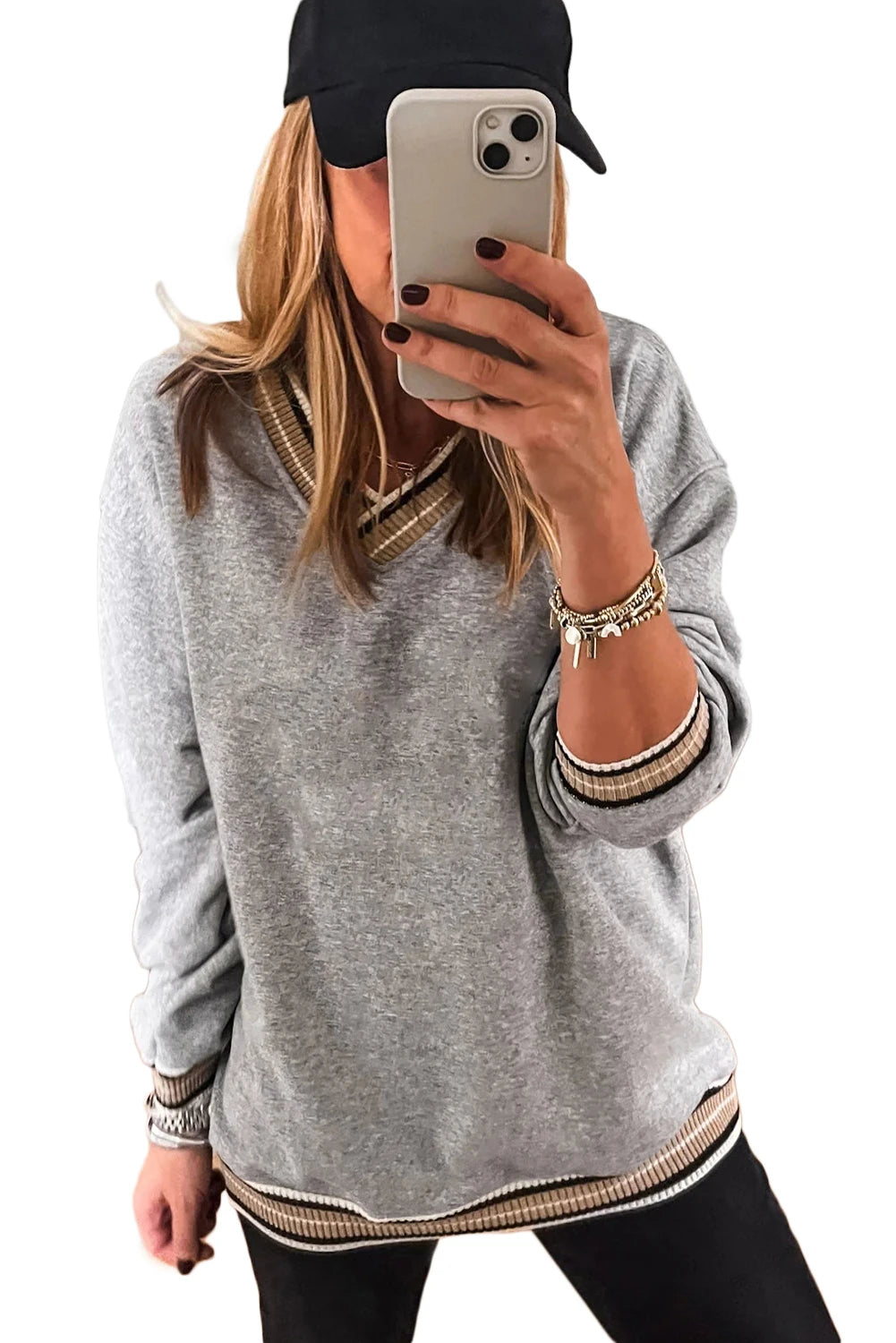 Gray Varsity V Neck Trim Sweatshirt - Posh West Boutique