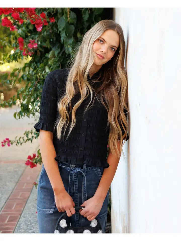 Black Half Sleeve Smocked Button Down Blouse - Posh West Boutique