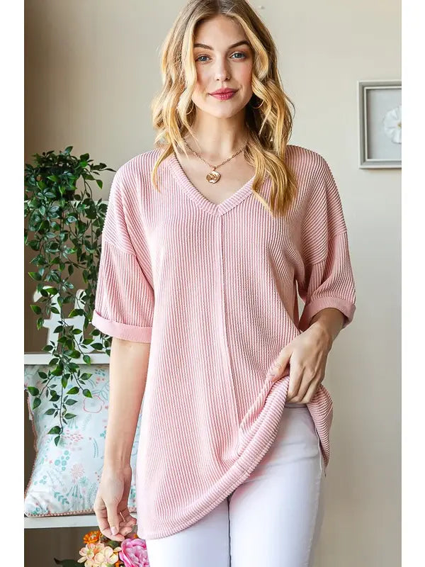 Light Pink Ribbed Top - Posh West Boutique