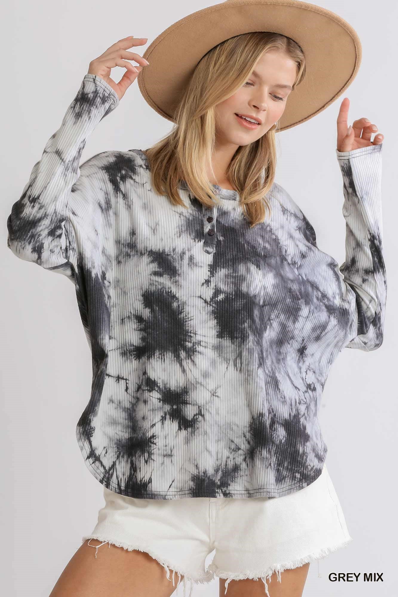 Tie Dye Ribbed Button Front Top with Round Hem - Posh West Boutique