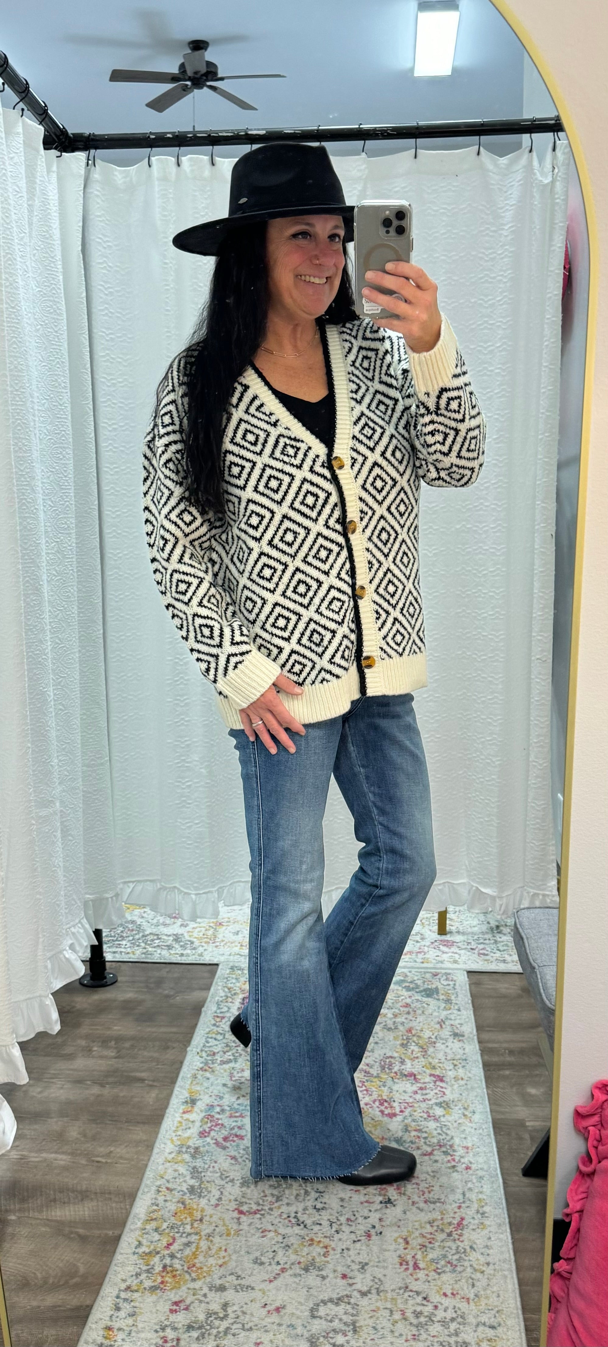 Black and Ivory Mono Pattern Sweater Cardigan - Posh West Boutique