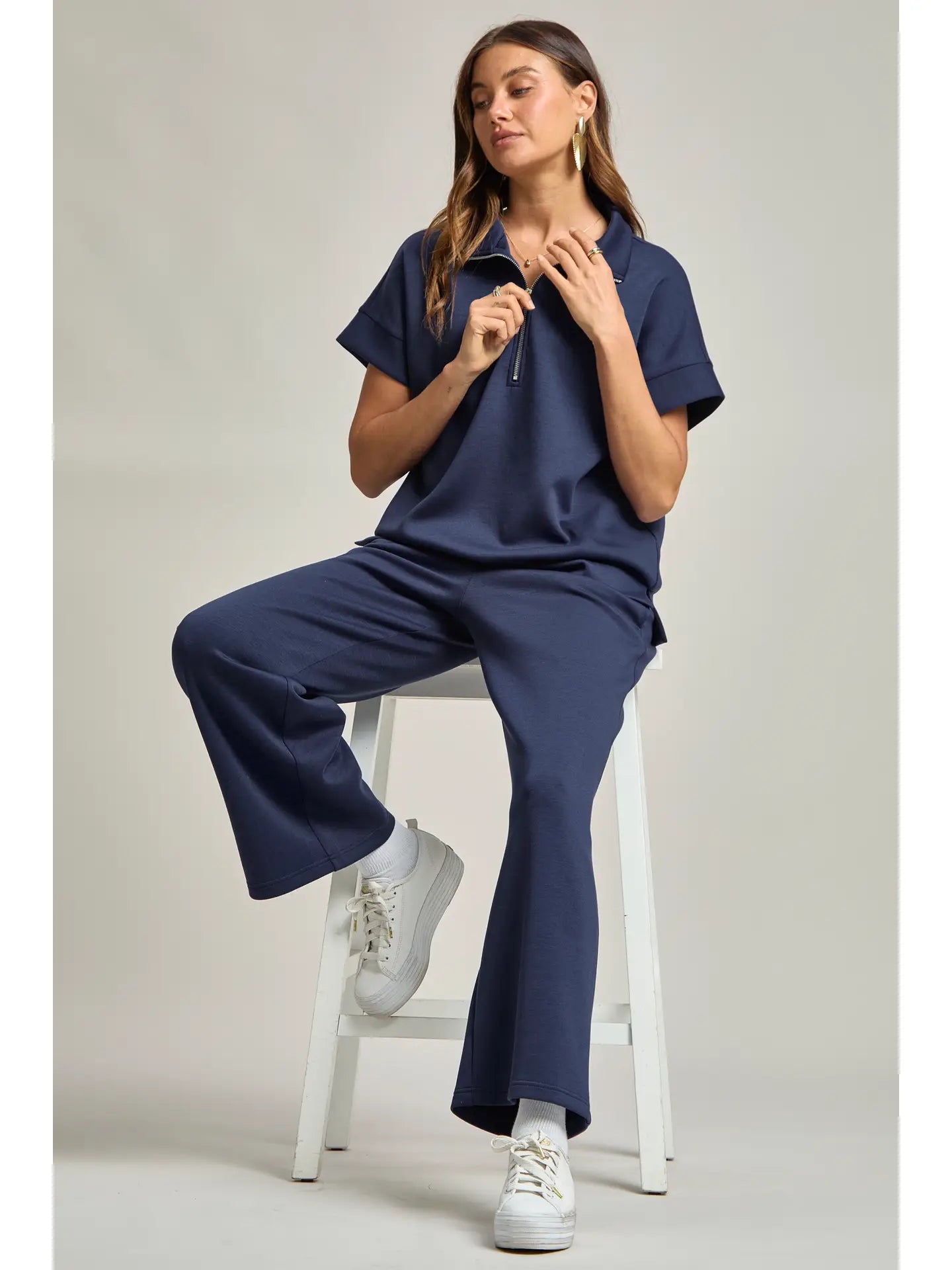 Navy Short Sleeve Quarter Zip + Pants Travel Set