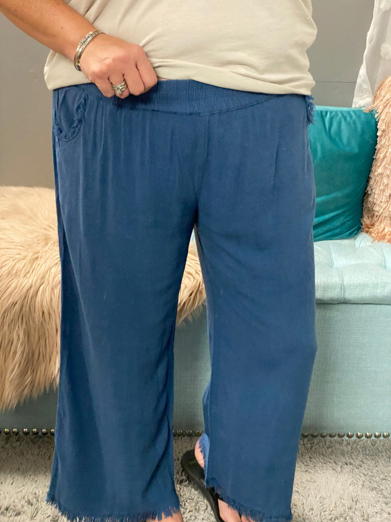 Wide Leg Slate Blue Pull-On Gauze Pants - Posh West Boutique