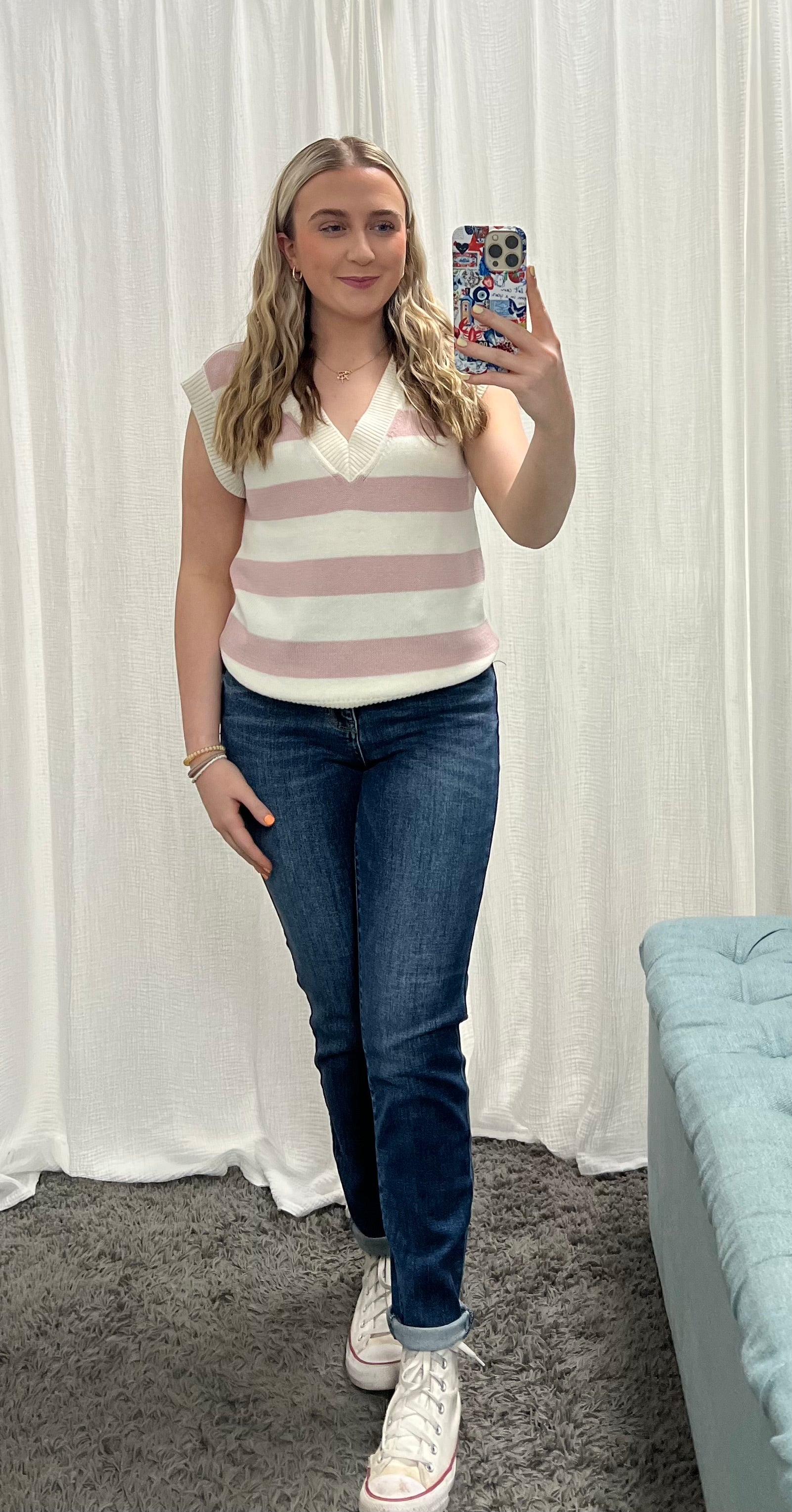 White and Pink Striped V-Neck Sweater Vest - Posh West Boutique