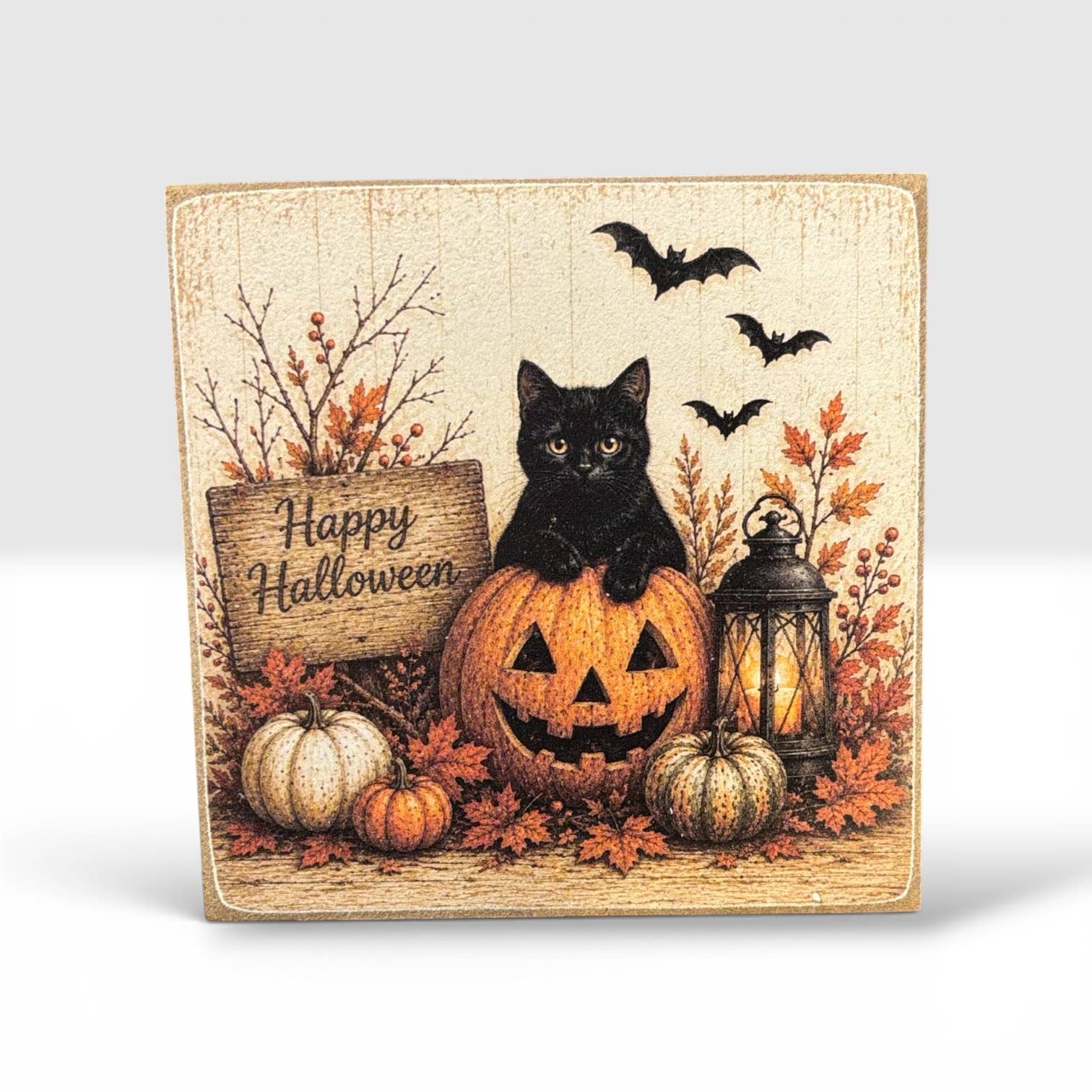 Black Cat and Pumpkin Wood Decor Print