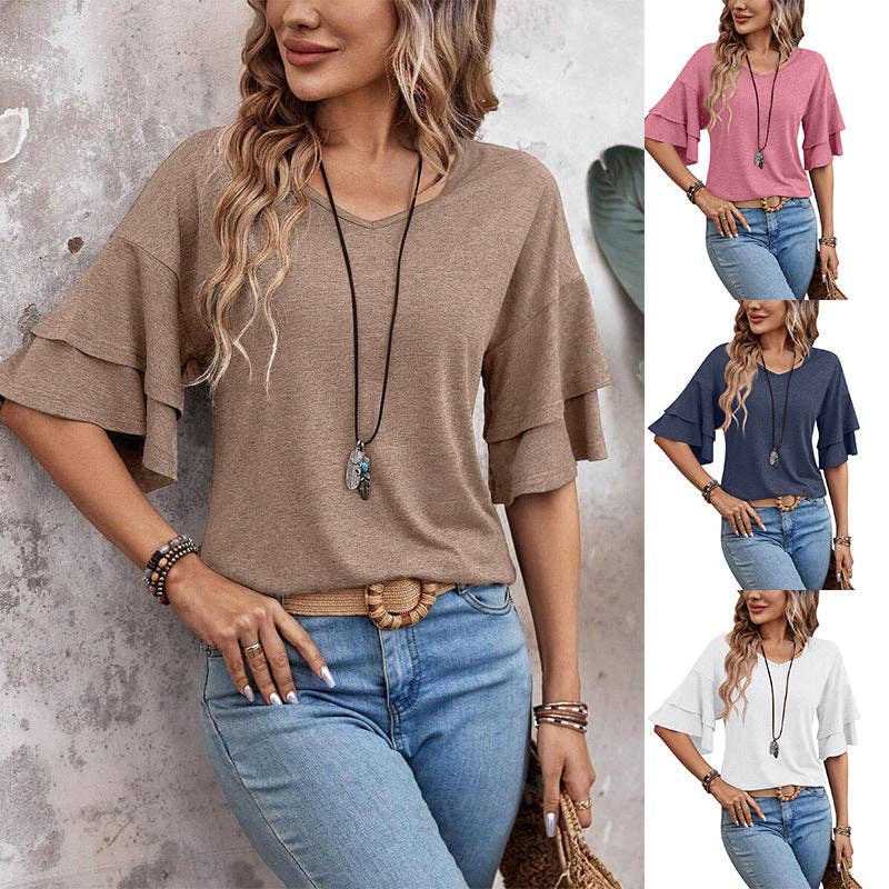 Camel Ruffle Sleeve V Neck Top