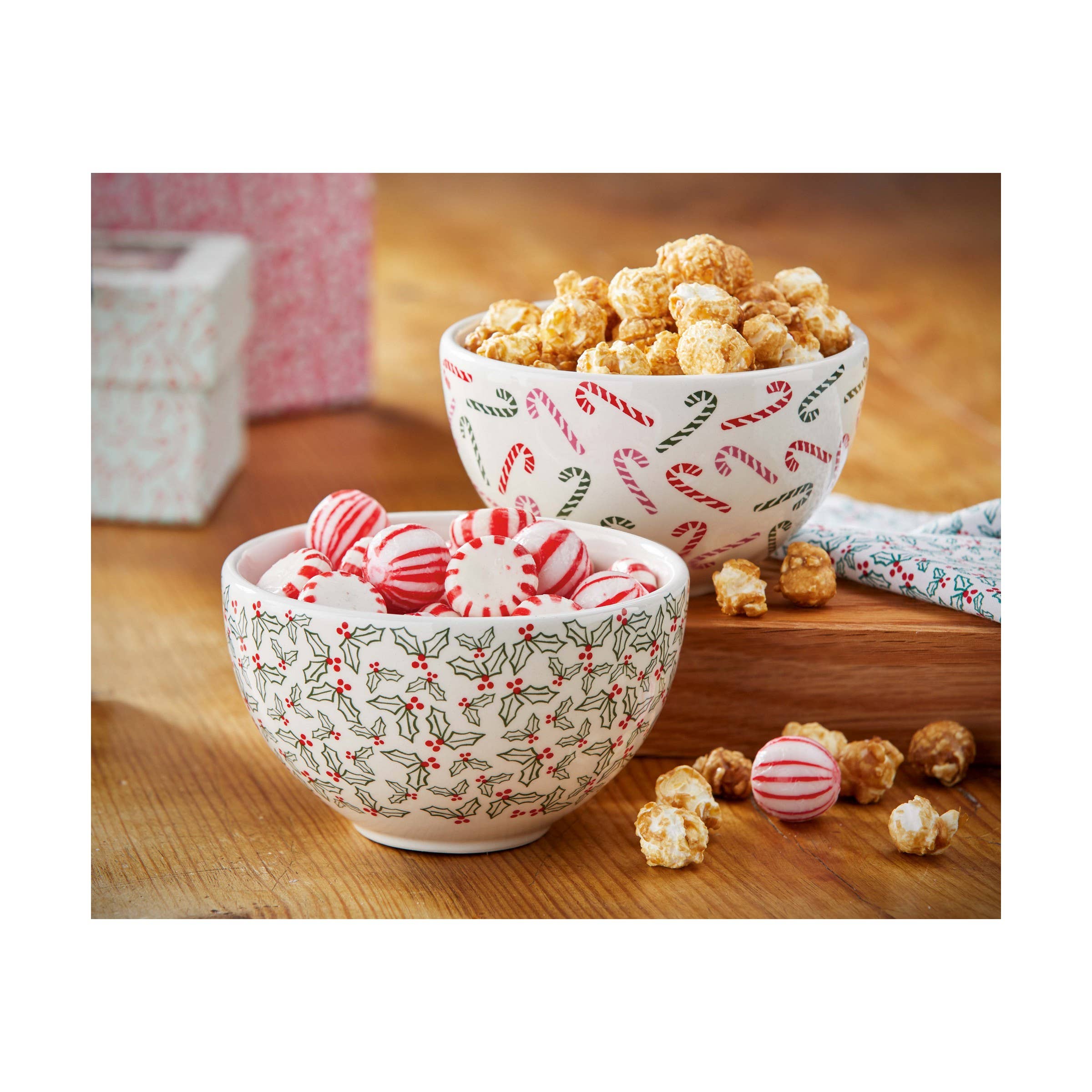 Candy Cane and Holly Print Ivory Ceramic Serving Bowls - Posh West Boutique
