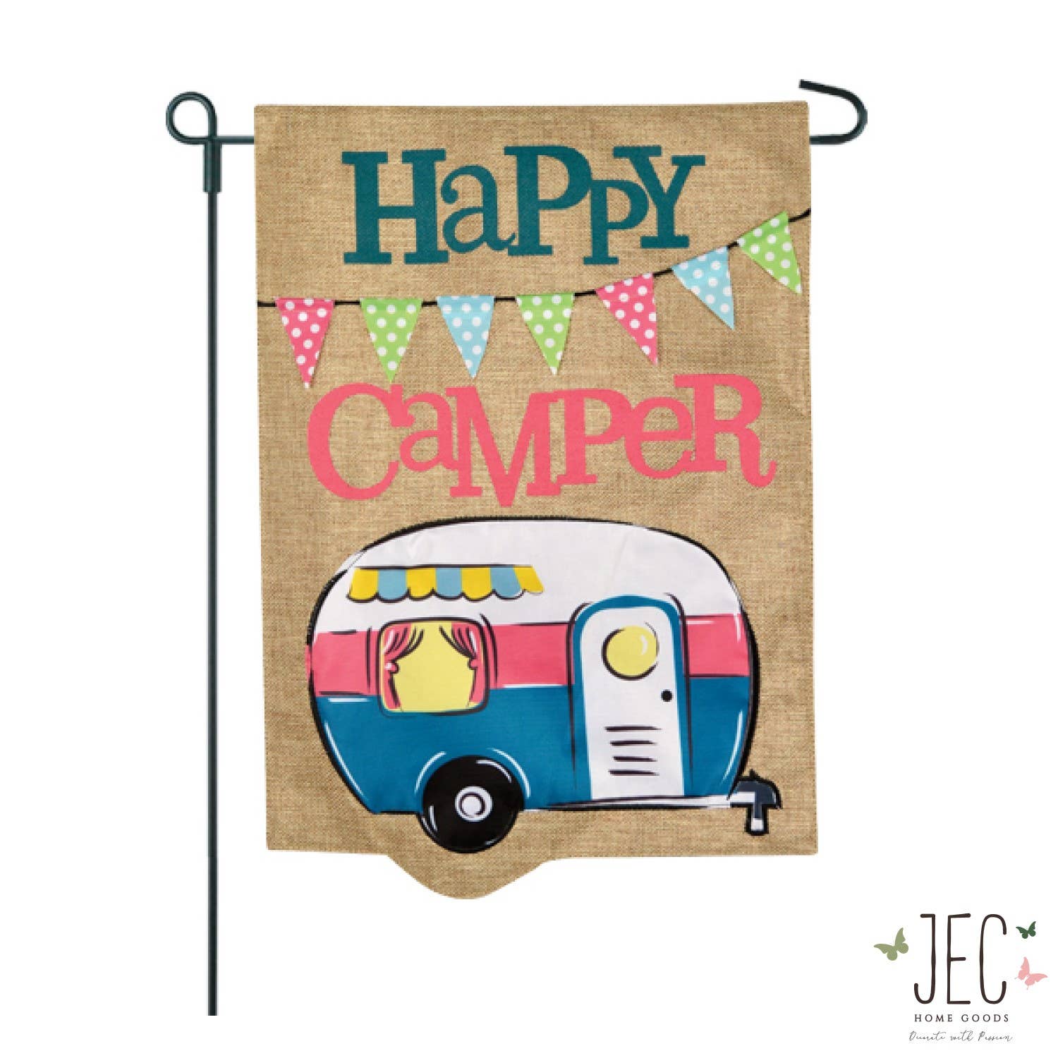 Happy Camper Burlap 2-Sided Garden Flag - Posh West Boutique