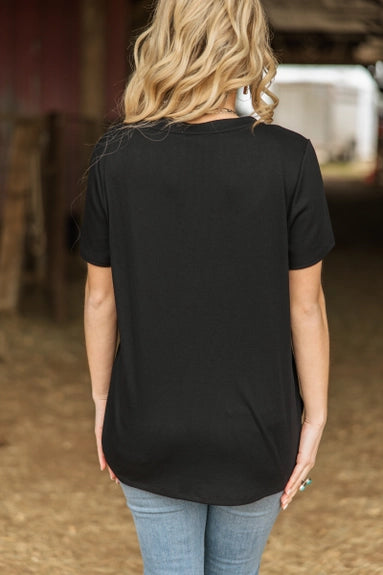 Black Ribbed Boyfriend Style Top w/ Button Detail - Posh West Boutique