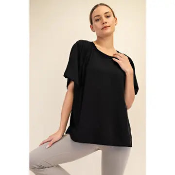Black Oversized Cotton Slub Short Sleeve Top - Posh West Boutique