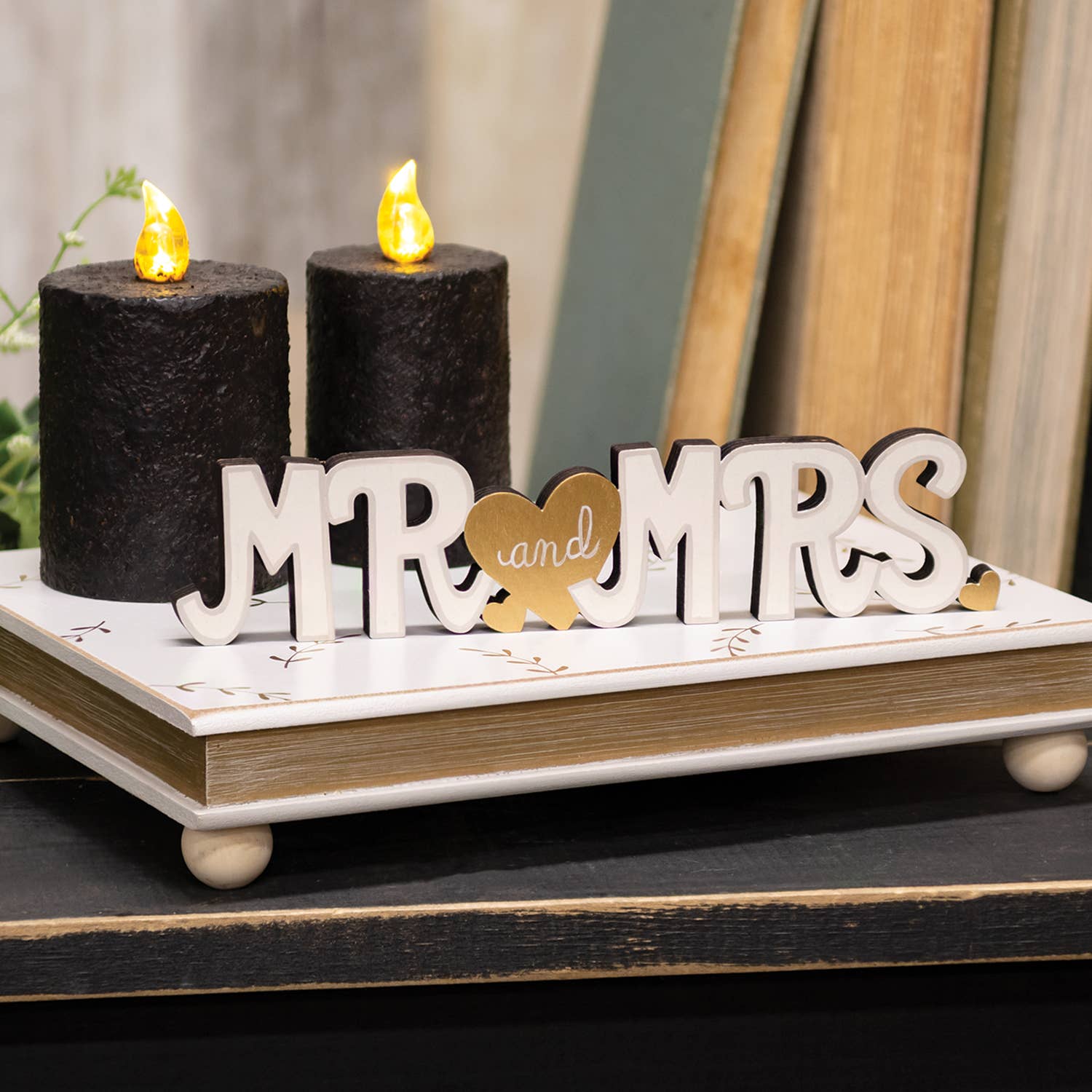 Mr. and Mrs. Wooden Cutout Sitter w/Gold Hearts - Posh West Boutique