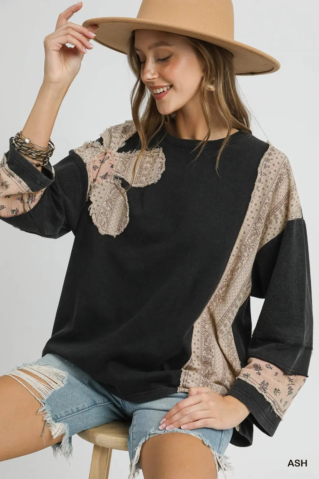 French Terry Patchwork Sleeve Pullover - Posh West Boutique
