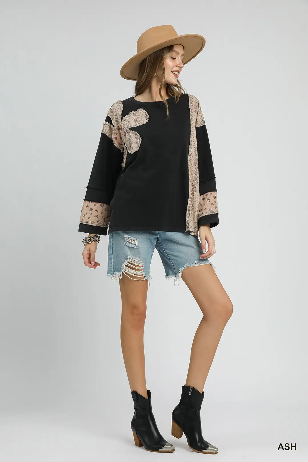 French Terry Patchwork Sleeve Pullover - Posh West Boutique