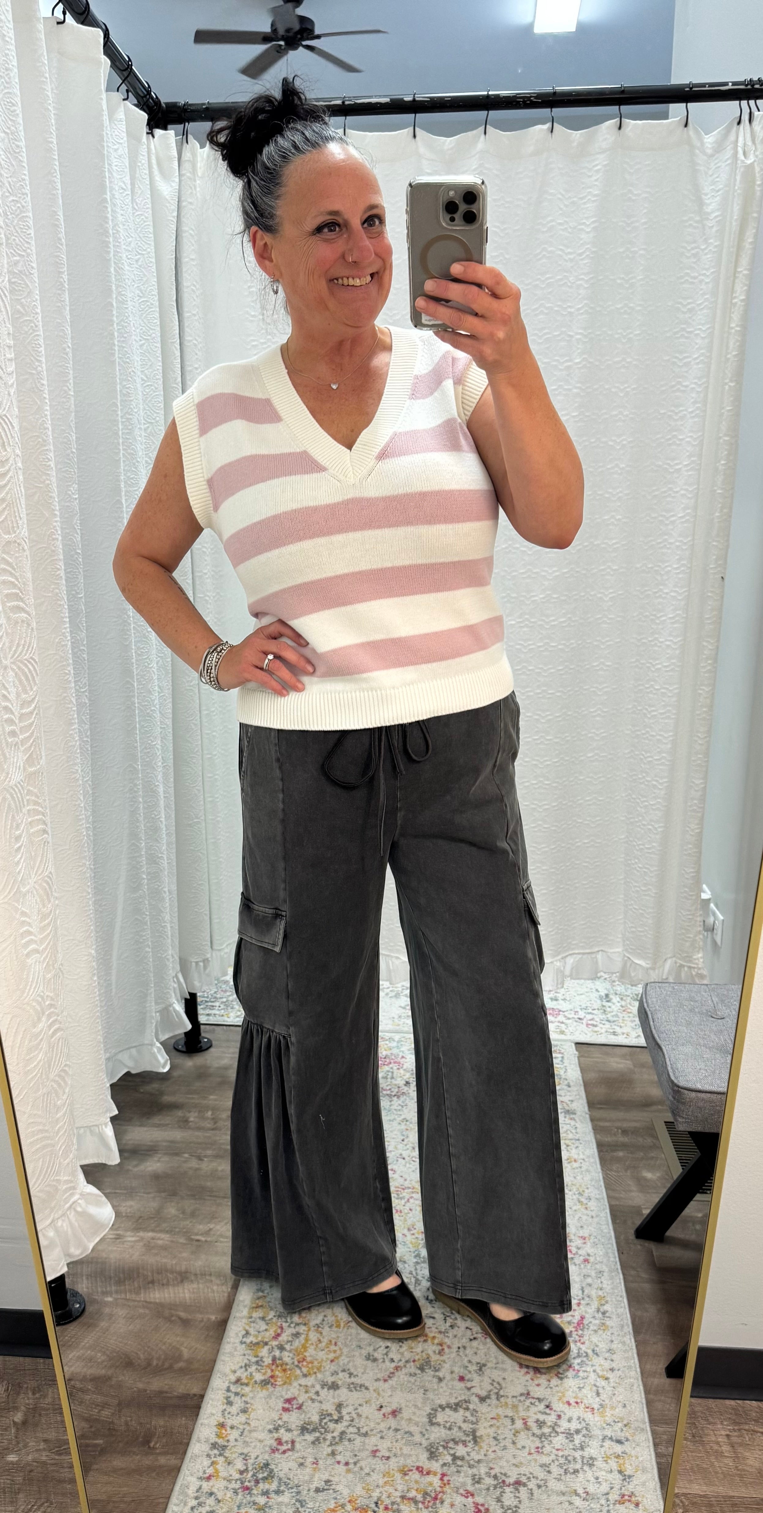 White and Pink Striped V-Neck Sweater Vest - Posh West Boutique