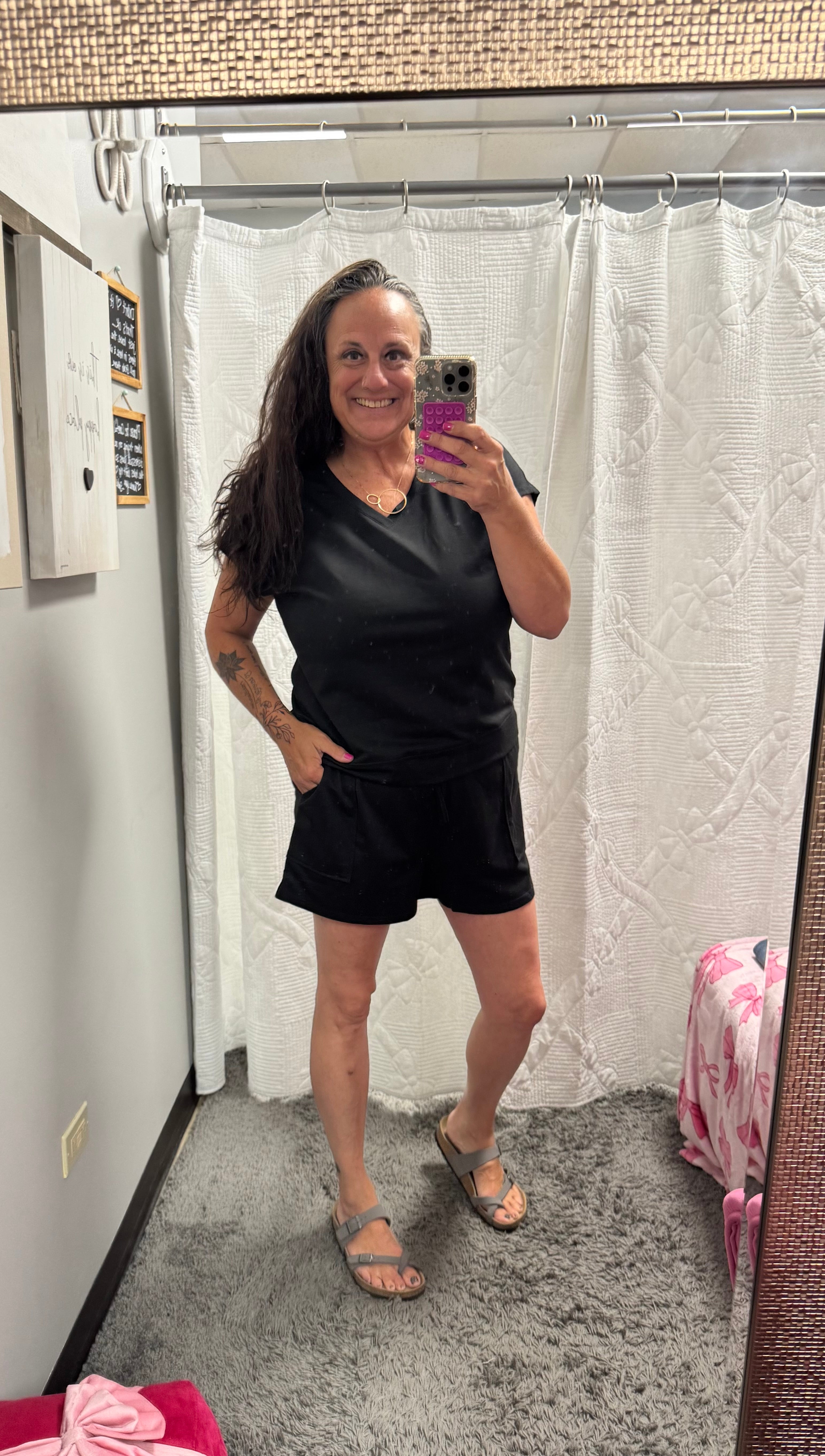 Black V Neck Short Sleeve Top & Drawstring Shorts Set