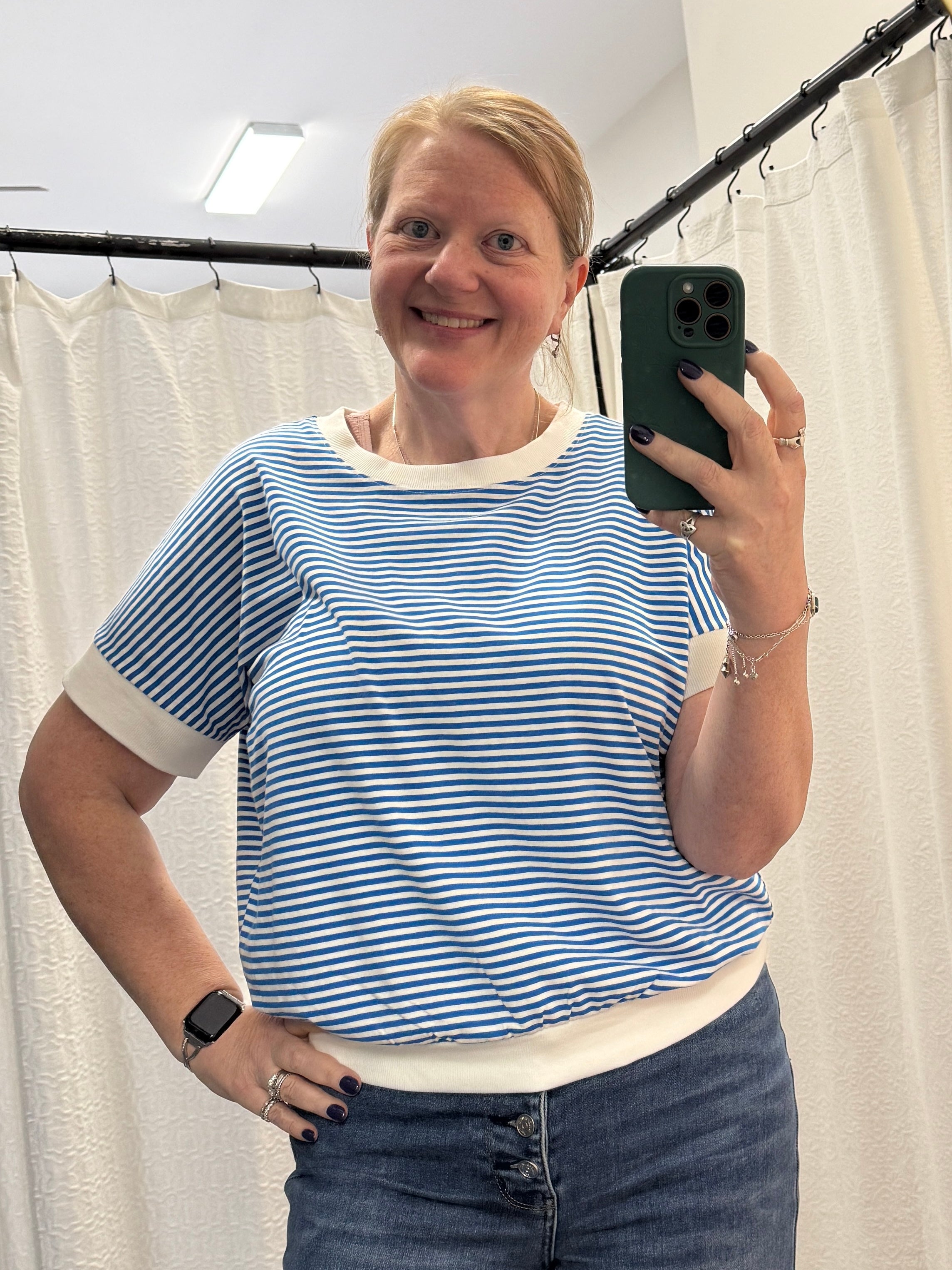 Ocean Blue Stripe Contrast Trim Rib Banded Top - Posh West Boutique