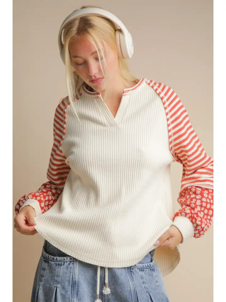Oversized Floral & Stripe Casual Knit Top - Posh West Boutique