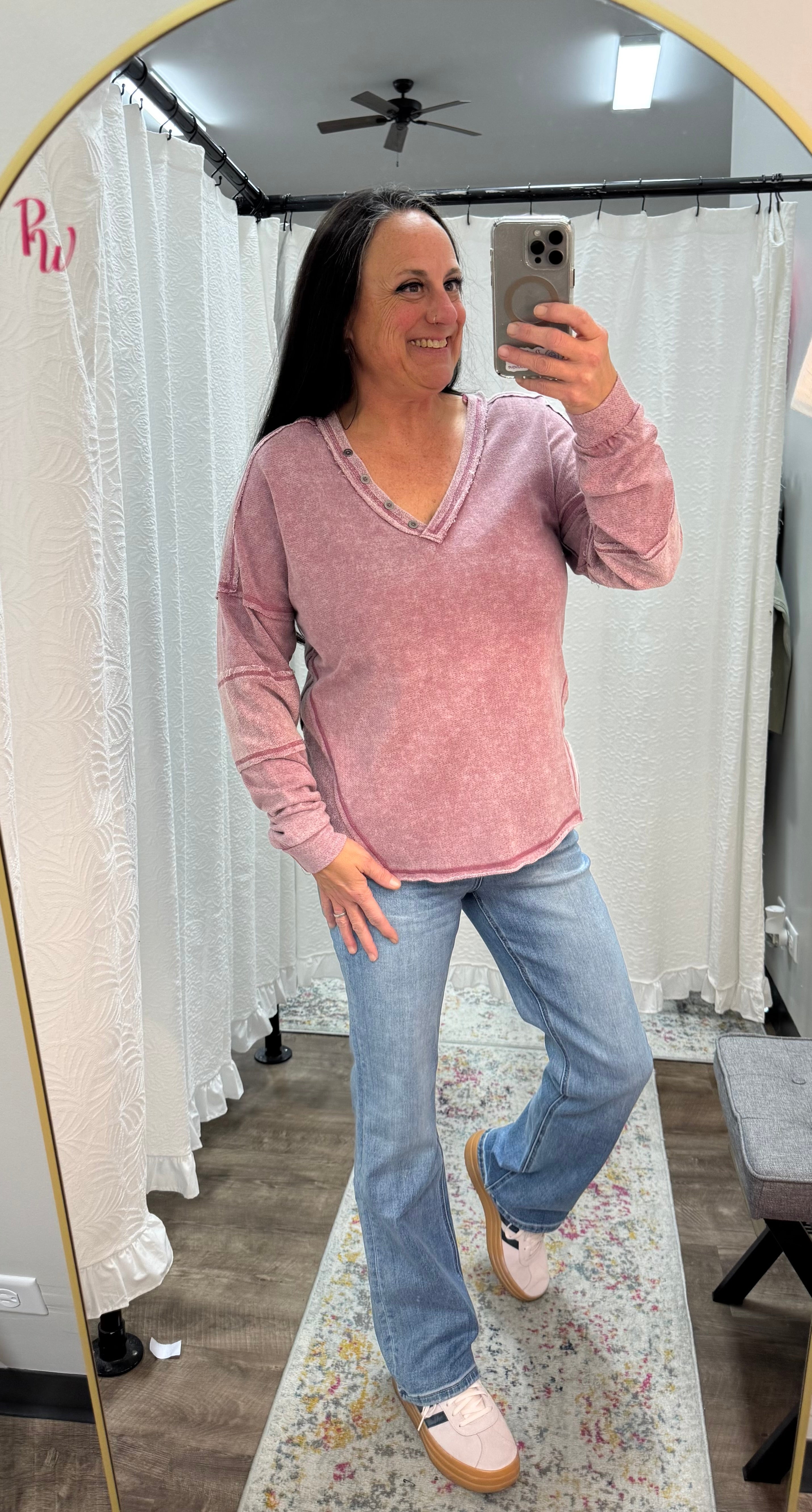 Mauve Button V-Neck Washed Knit Top