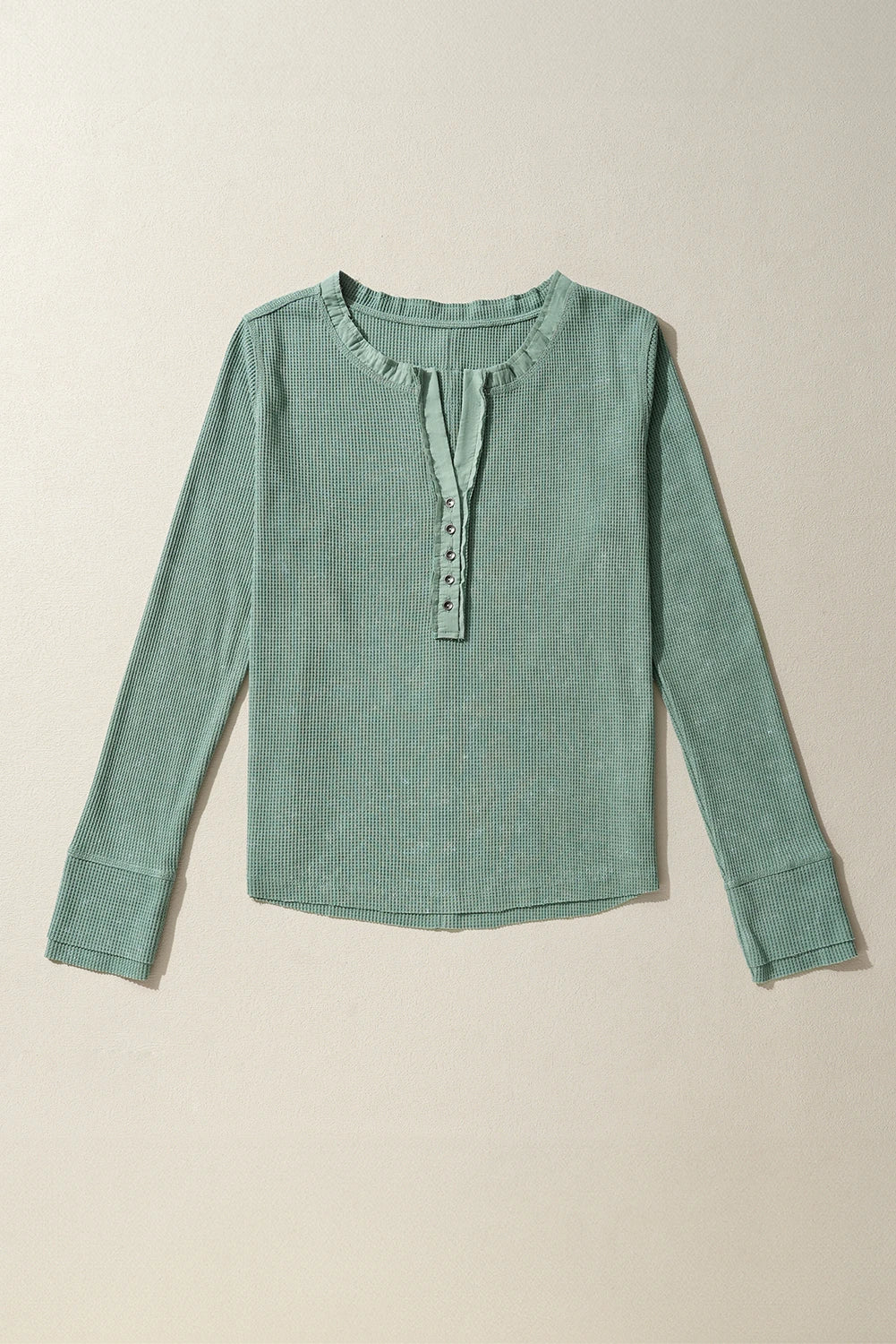 Smoke Green Casual V Neck Waffle Knit Top