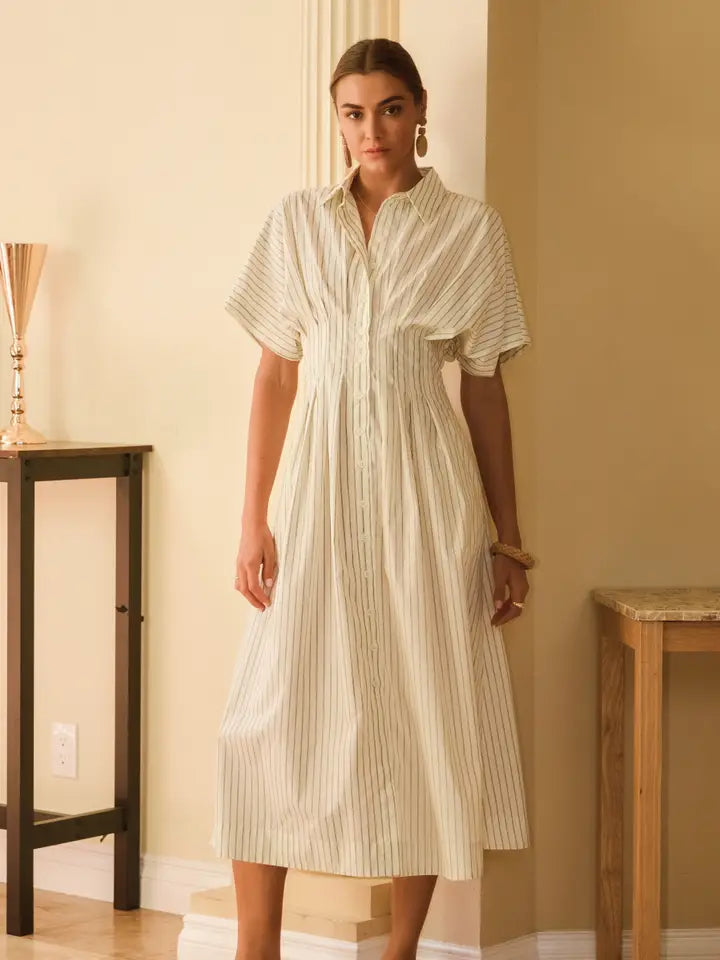 Pin Striped Cotton Poplin Midi Shirt Dress - Posh West Boutique