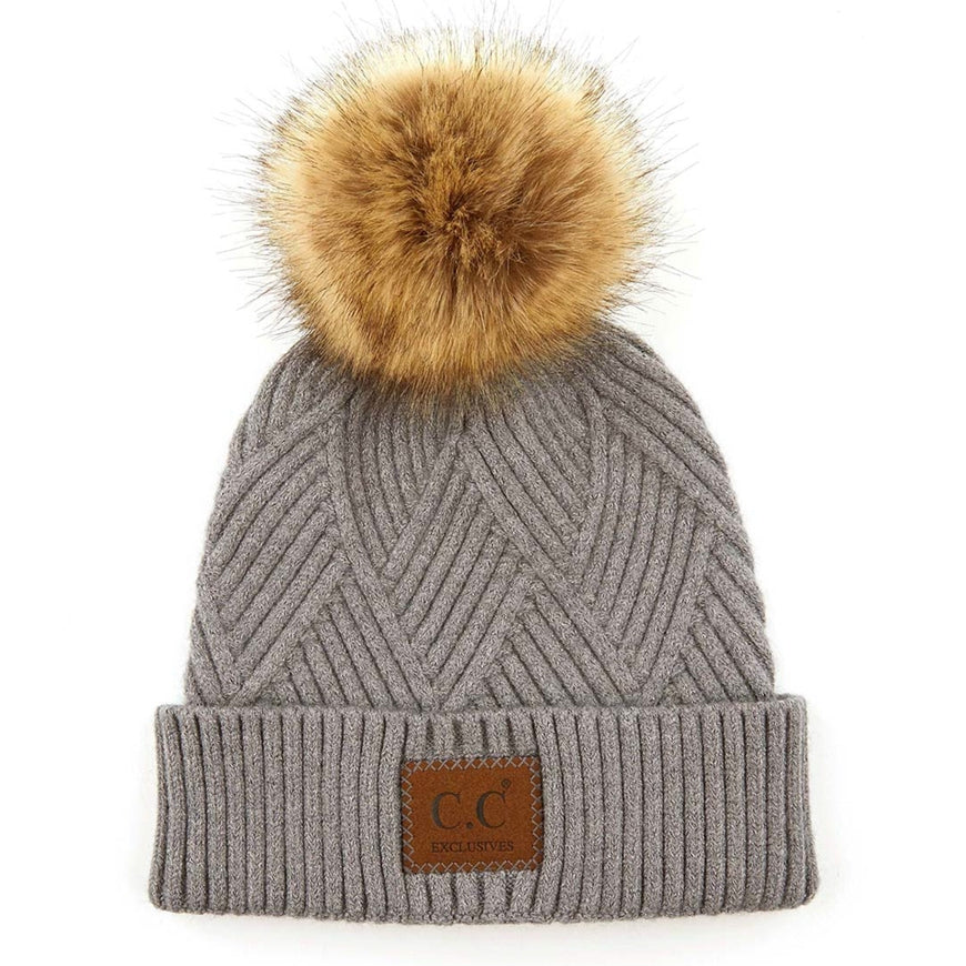 CC Large Patch Heathered Pom Beanie - Posh West Boutique