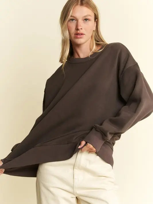 Charcoal Long Sleeve Solid Round Neck Oversized Sweatshirt - Posh West Boutique