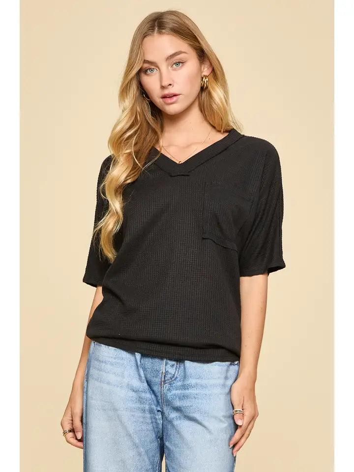 Black Two Tone Waffle Knit Top - Posh West Boutique
